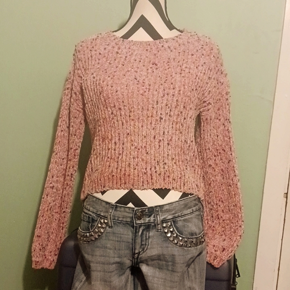 Generation K pink sweater with multi color polka dots.